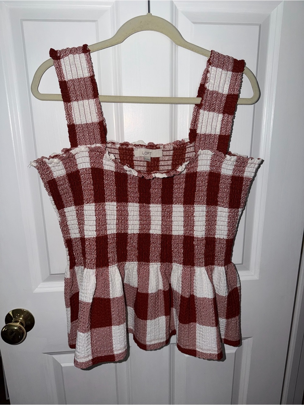 LOFT Burnt Orange and White Gingham Peplum Tank
